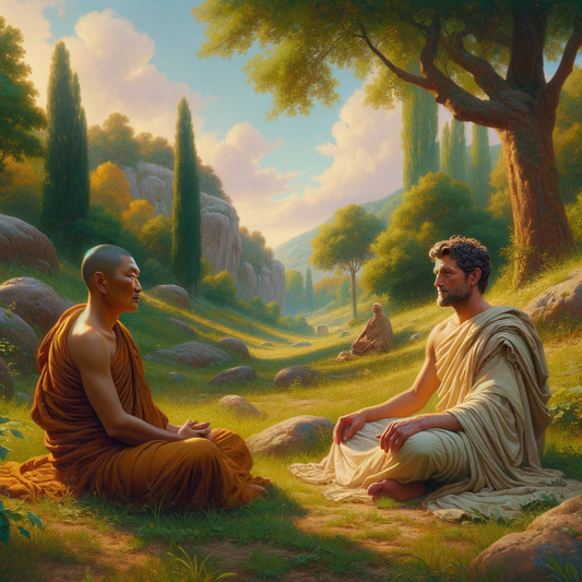 Two individuals meditating peacefully in nature, one in Buddhist robes and the other in a Roman toga, symbolizing philosophical peace, set in a tranquil natural landscape reminiscent of 1960s historical epic films.