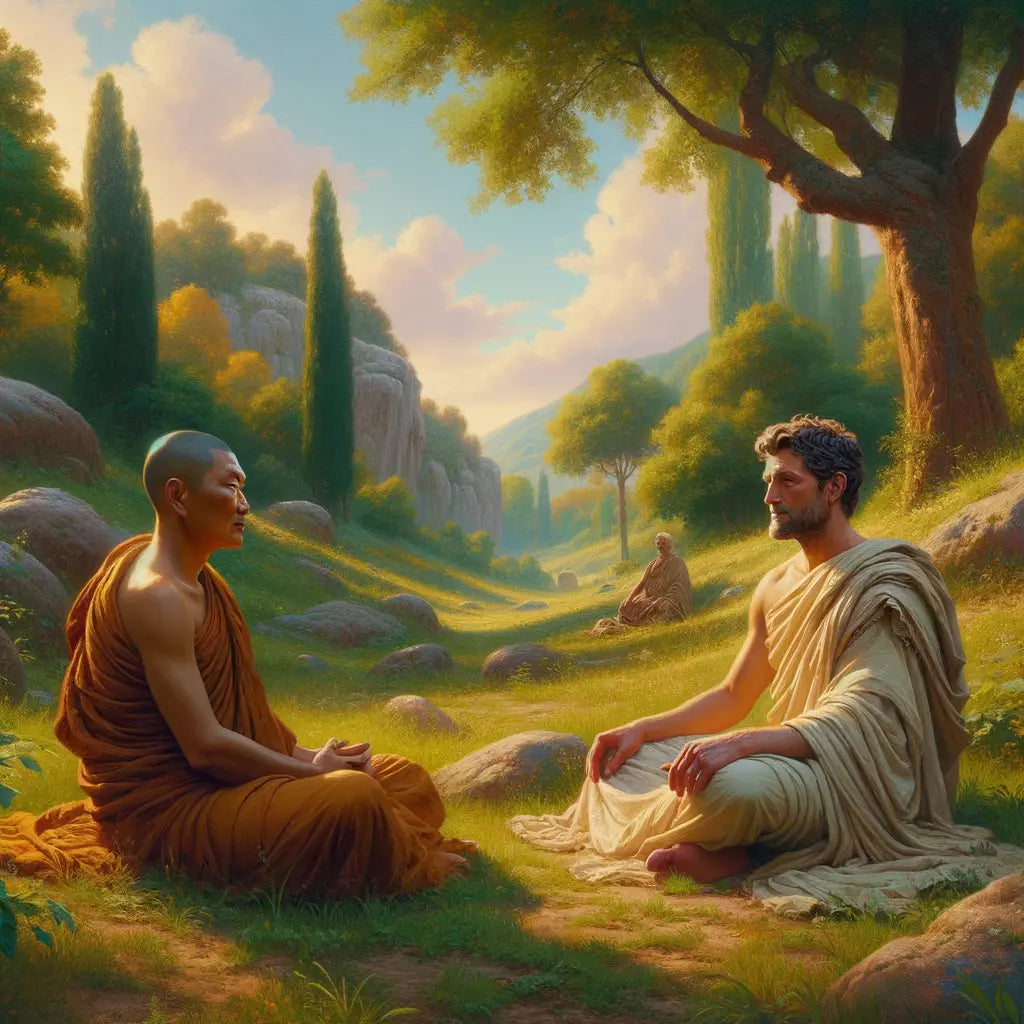 Two individuals meditating peacefully in nature, one in Buddhist robes and the other in a Roman toga, symbolizing philosophical peace, set in a tranquil natural landscape reminiscent of 1960s historical epic films.