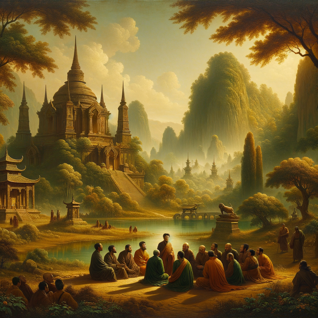Buddhist temple surrounded by nature with philosophers reflecting, in 1960s epic film style.
