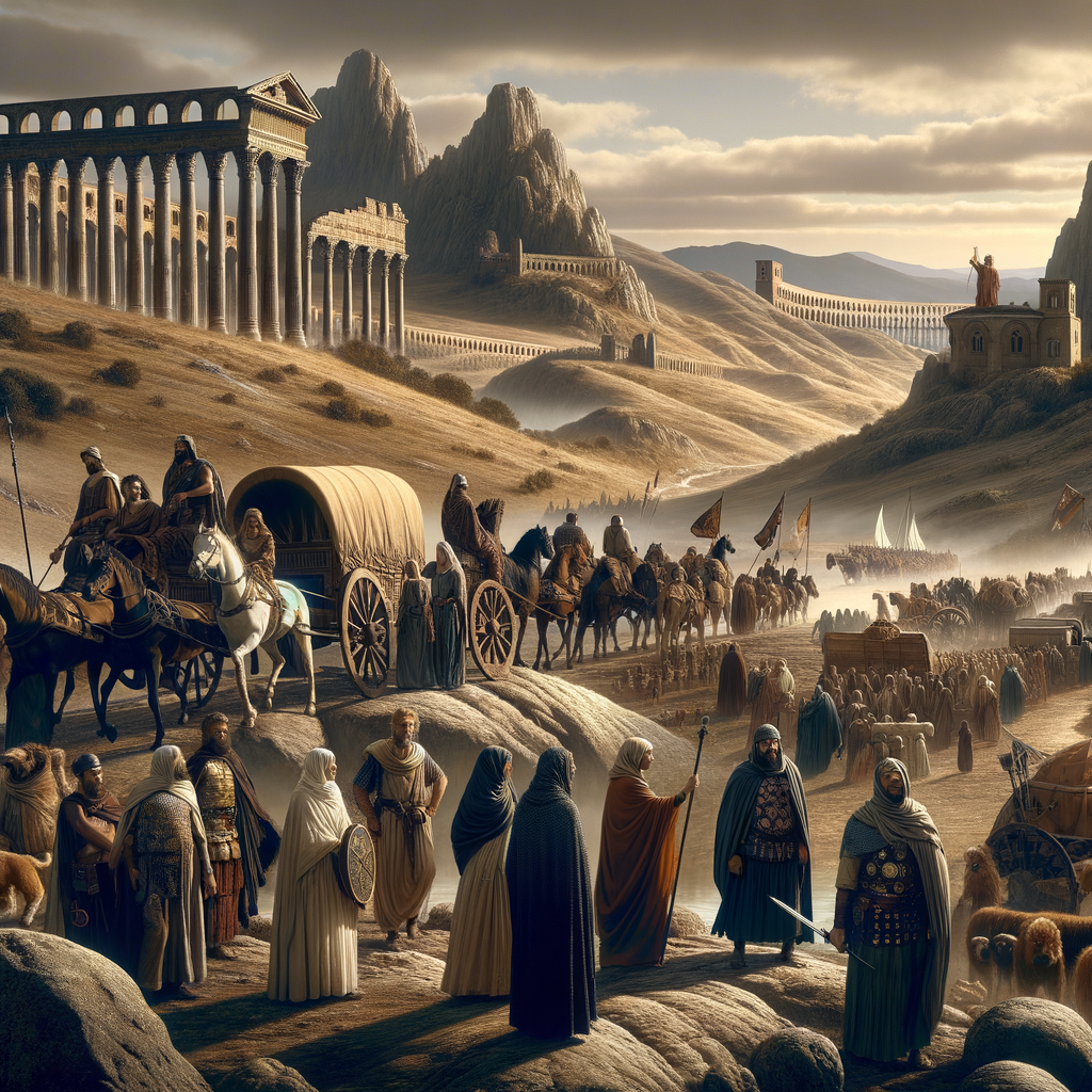 Visigoths migrating through Hispania during the late Roman Empire, depicted in a cinematic painting with a mix of Roman and Gothic elements and a heroic leader surveying new lands.