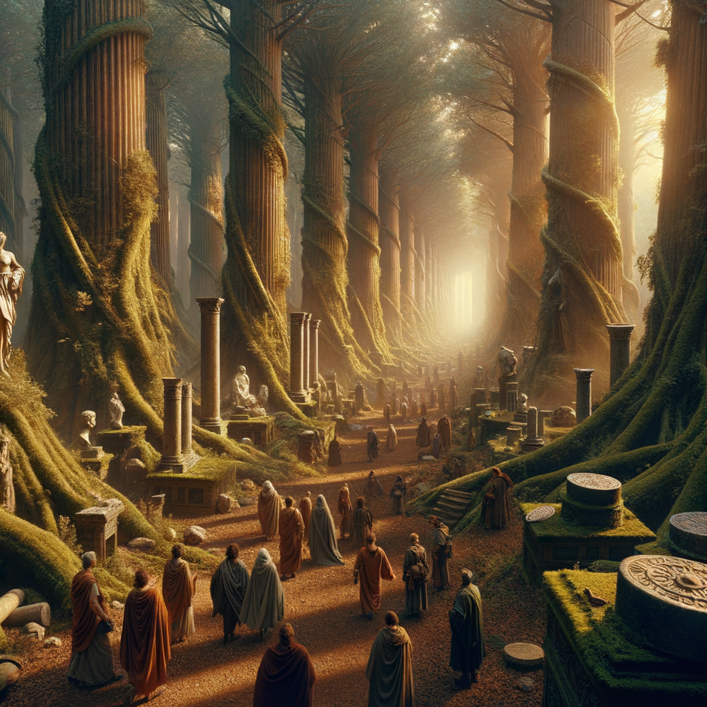 Explorers in a dense forest discovering ancient Roman artifacts scattered among the trees, inspired by classic 1960s historical epic films.