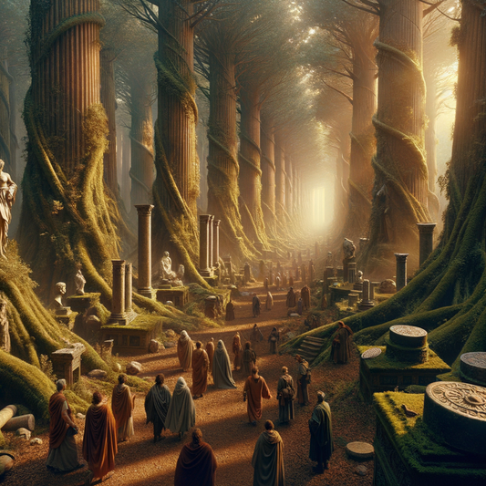 Explorers in a dense forest discovering ancient Roman artifacts scattered among the trees, inspired by classic 1960s historical epic films.