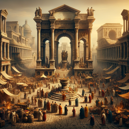 Bustling ancient Roman forum with altars and statues, citizens in togas, reminiscent of 1960s historical films.