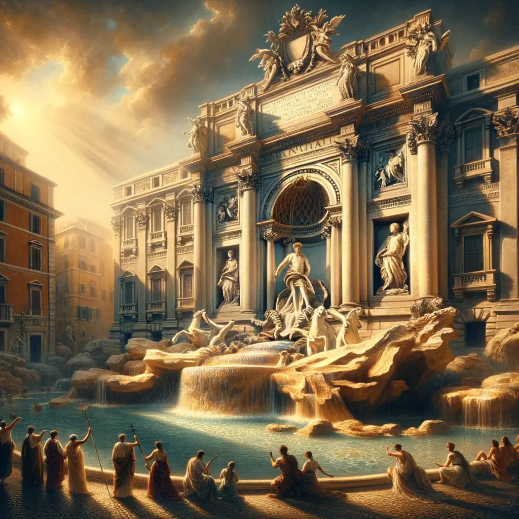 Trevi Fountain in majestic ancient Rome setting with detailed sculptures and flowing water, surrounded by historical architecture in epic cinematic style.
