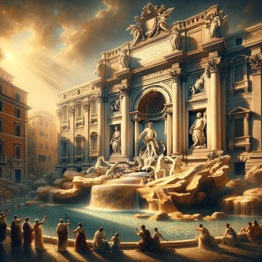 Trevi Fountain in majestic ancient Rome setting with detailed sculptures and flowing water, surrounded by historical architecture in epic cinematic style.