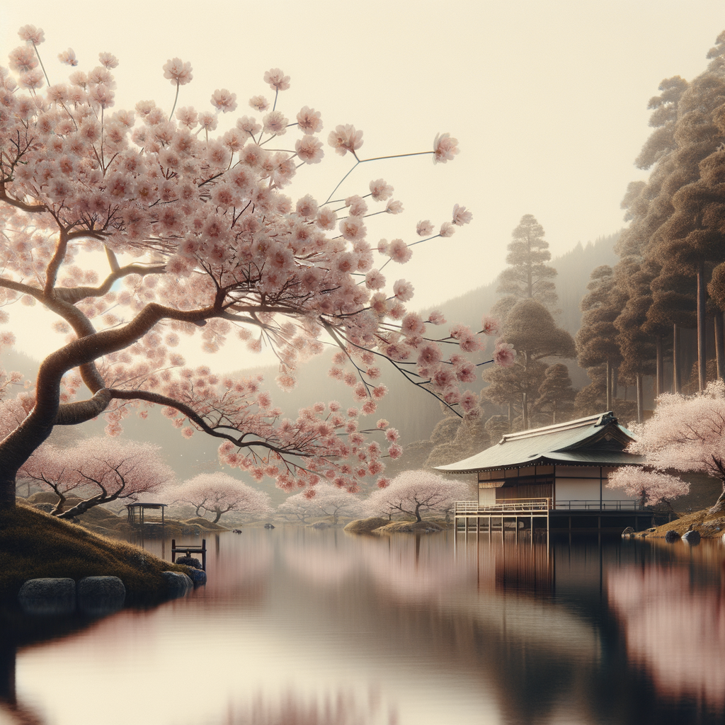 A peaceful Japanese scene with cherry blossoms and a traditional tea house.