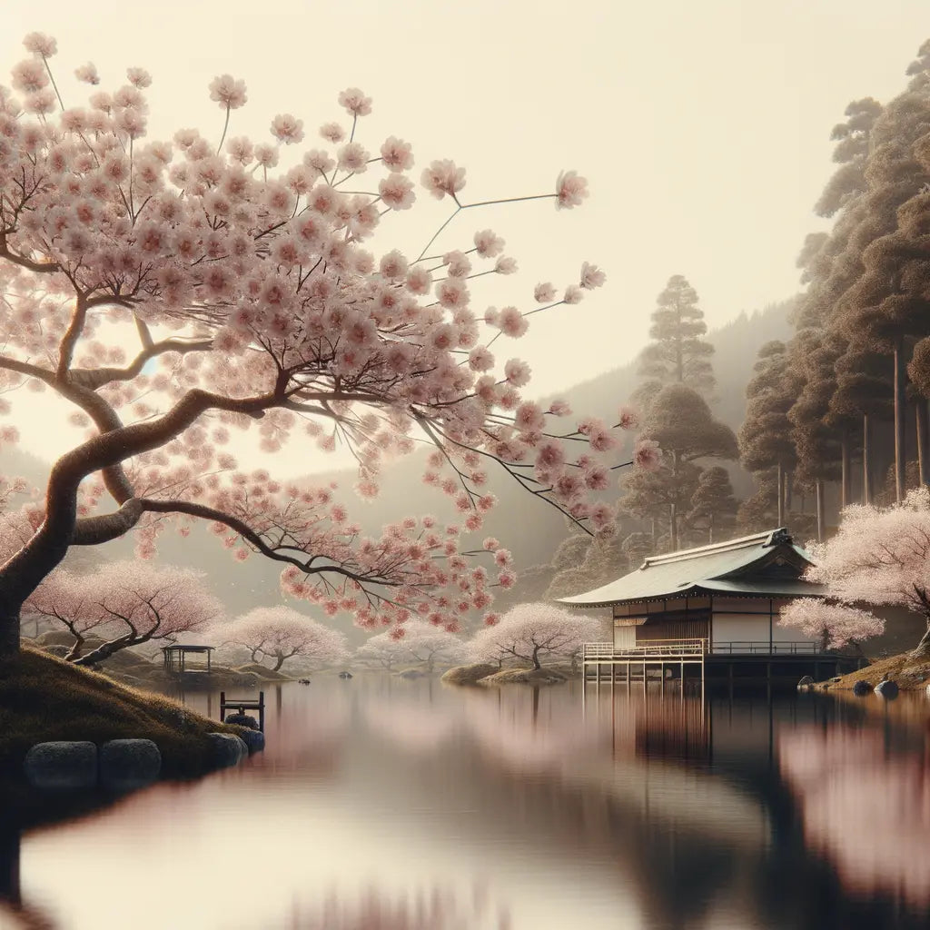 A peaceful Japanese scene with cherry blossoms and a traditional tea house.
