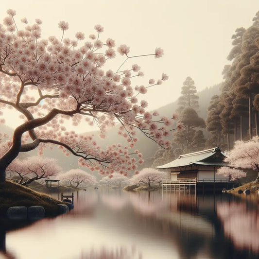 A peaceful Japanese scene with cherry blossoms and a traditional tea house.