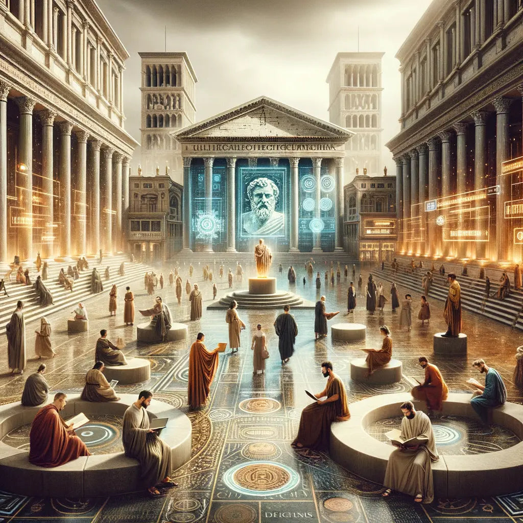 Diverse individuals in an ancient-modern agora engaged in philosophical discussions with digital screens displaying Stoic phrases and coins featuring Epictetus.