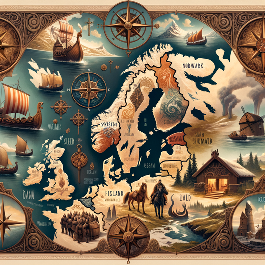 Map of Northern Europe highlighting Denmark, Norway, Sweden, Finland, and Iceland with cultural icons like Viking ships and Dala horses, styled like a classic historical film.