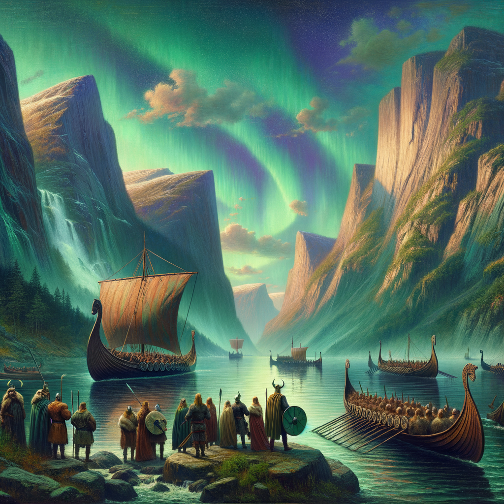 Viking longships sail through Norway's fjords beneath the Northern Lights, illustrating Scandinavian heritage in a cinematic style.