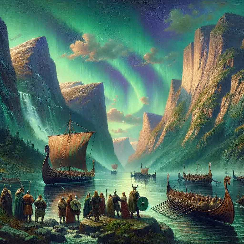 Viking longships sail through Norway's fjords beneath the Northern Lights, illustrating Scandinavian heritage in a cinematic style.
