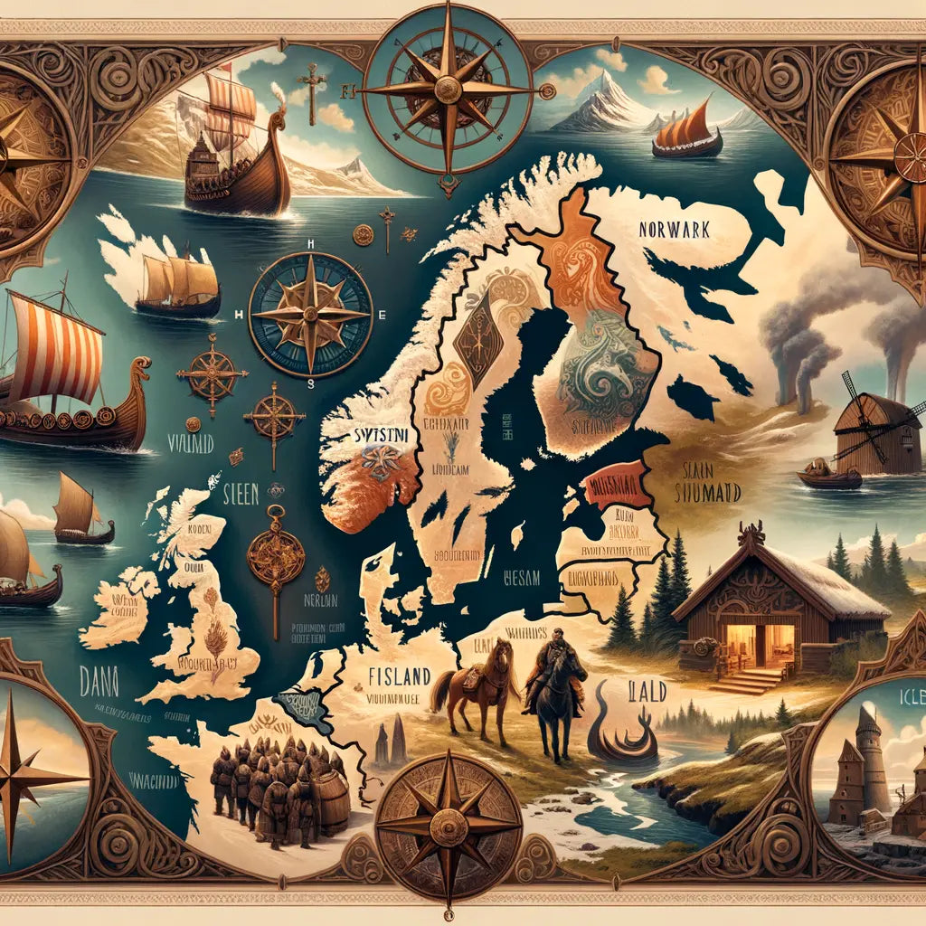 Map of Northern Europe highlighting Denmark, Norway, Sweden, Finland, and Iceland with cultural icons like Viking ships and Dala horses, styled like a classic historical film.