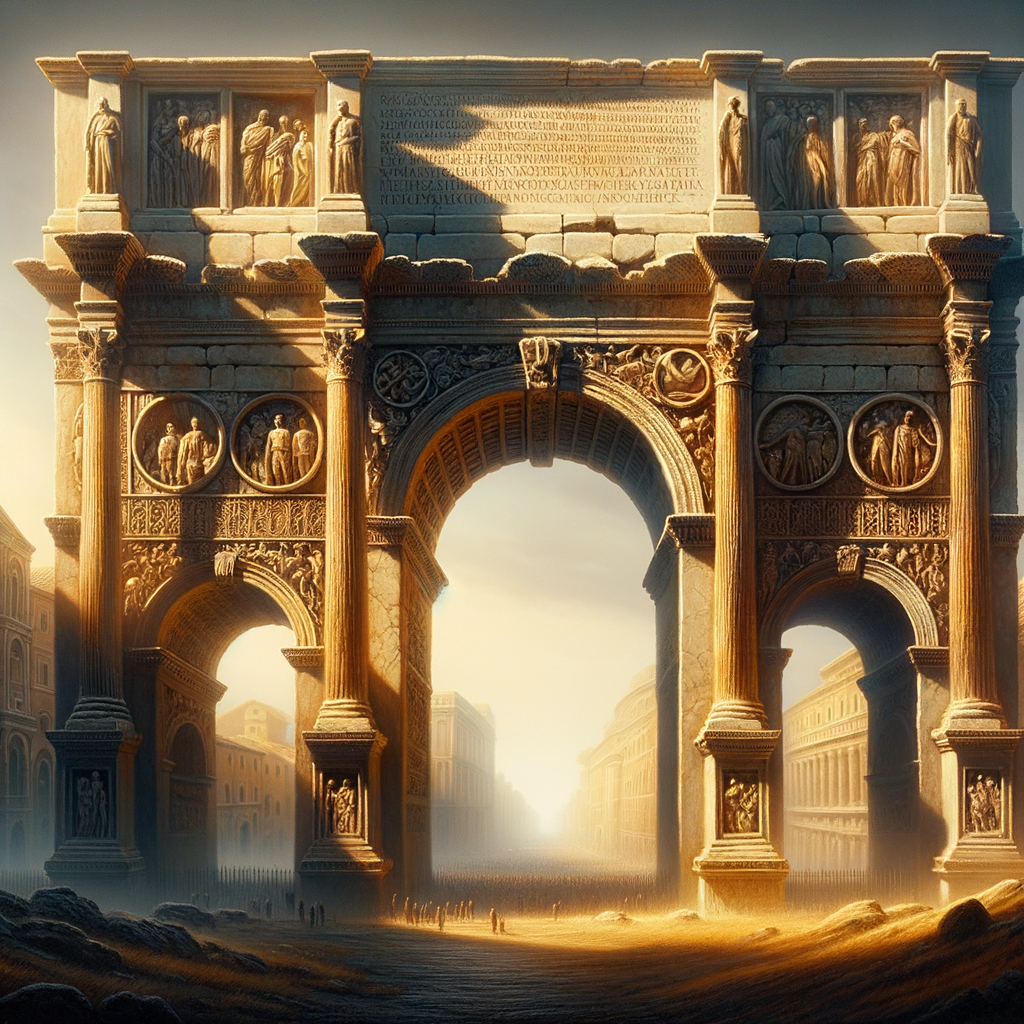 Close-up of Arch of Marcus Aurelius in Rome with detailed carvings in golden sunlight.