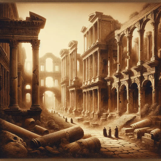 Roman ruins with columns and arches, filled with historical grandeur and decay, echoing the empire's past glory.