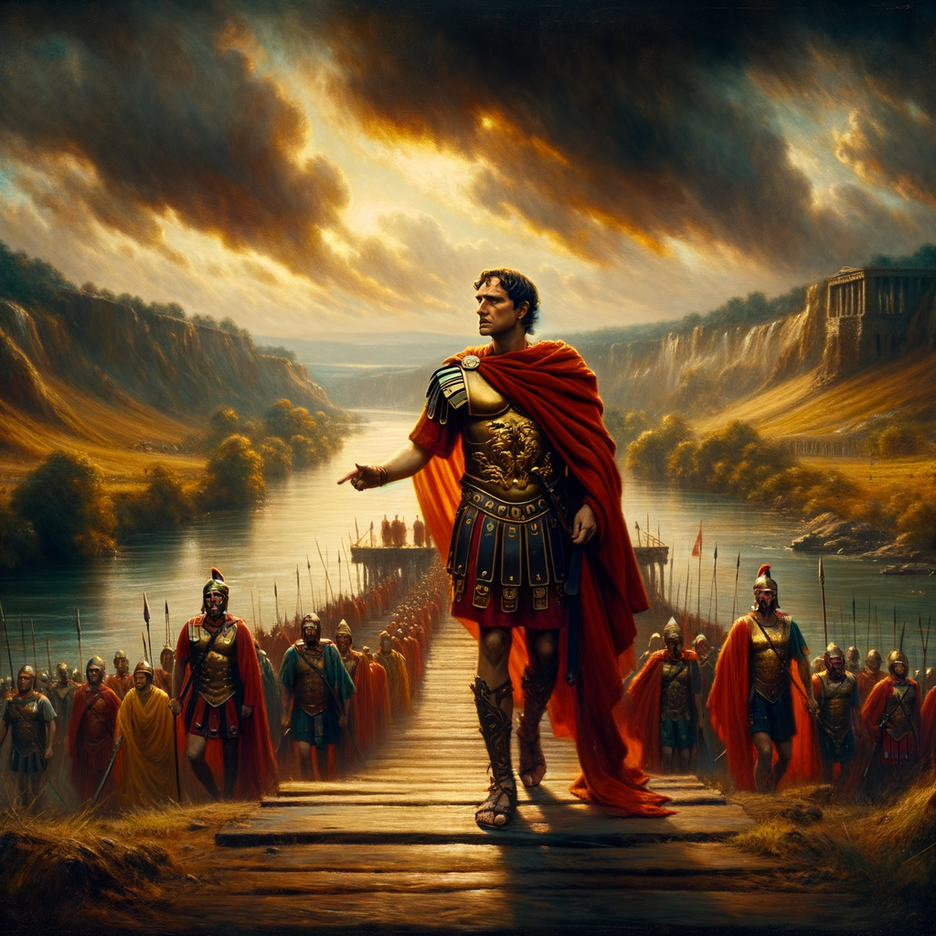 Julius Caesar heroically leading his legions across the Rubicon River, a decisive moment in Roman history, inspired by 1960s historical epic films.