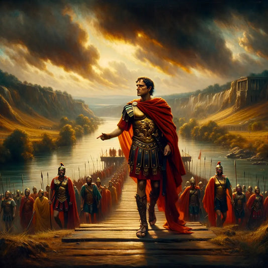Julius Caesar heroically leading his legions across the Rubicon River, a decisive moment in Roman history, inspired by 1960s historical epic films.