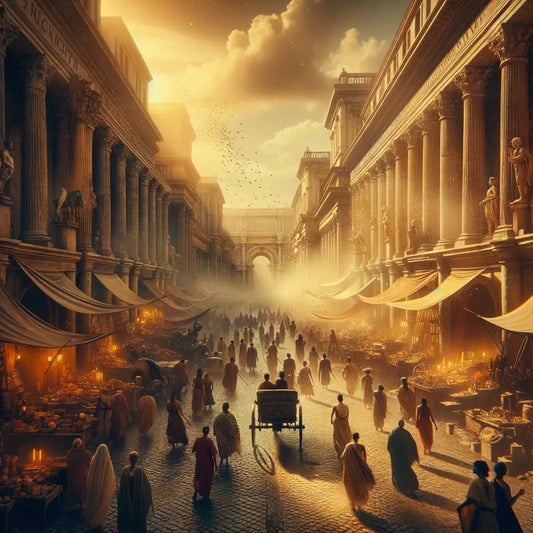 Bustling ancient Roman street with citizens in togas, marketplace stalls, and chariots, capturing the era's vibrant society and fashion.