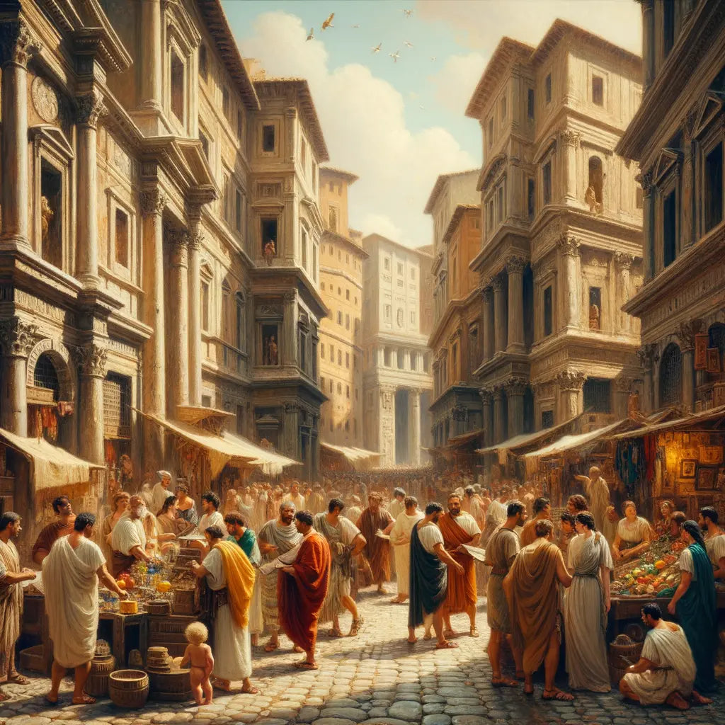A lively ancient Roman street scene with citizens in togas and stolas, set against multi-story buildings, in the style of 1960s historical epics.