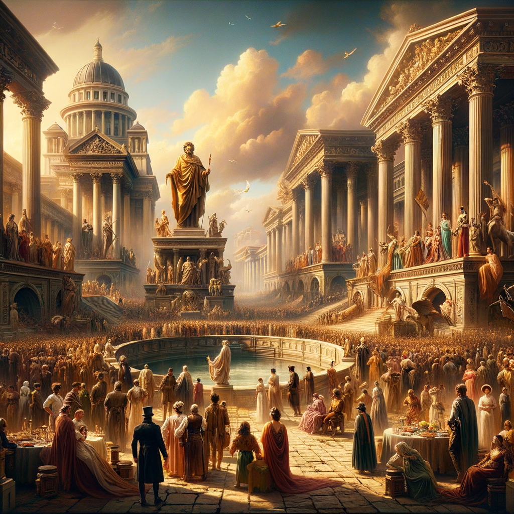 A grand, bustling Roman street scene under Augustus' rule, with elegant citizens, grand architecture, and rich cultural atmosphere, evocative of 1960s historical films.