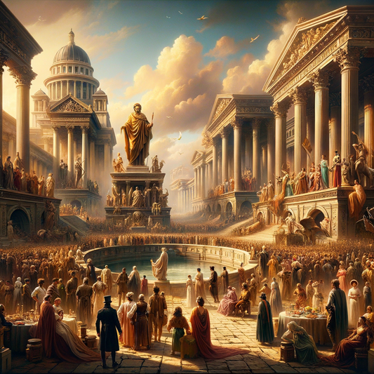 A grand, bustling Roman street scene under Augustus' rule, with elegant citizens, grand architecture, and rich cultural atmosphere, evocative of 1960s historical films.