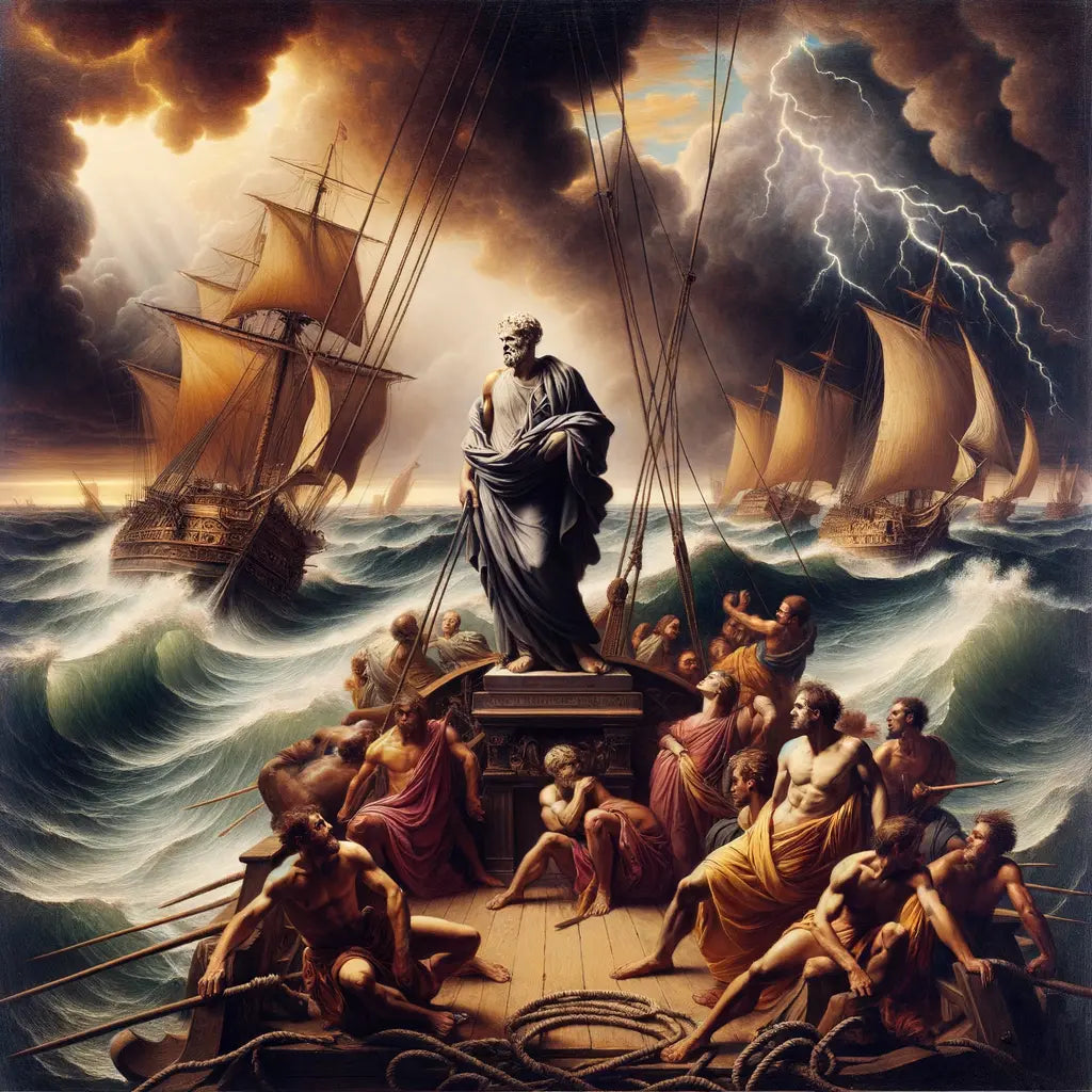 Serene philosopher amid stormy seas, symbolizing wisdom journey, in the style of 1960s historical films.