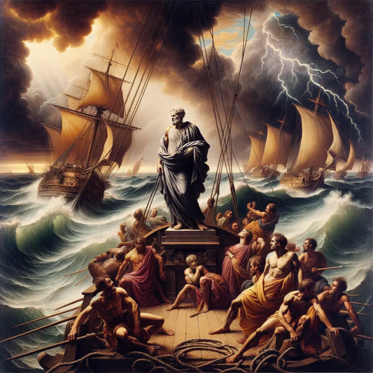 Serene philosopher amid stormy seas, symbolizing wisdom journey, in the style of 1960s historical films.