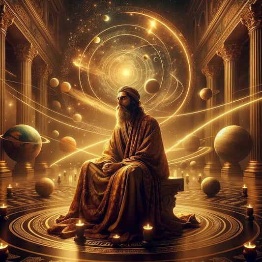 An ancient Greek philosopher in deep thought, surrounded by a cosmic universe representation, capturing a sense of divine wisdom and enlightenment, styled like 1960s epic films.