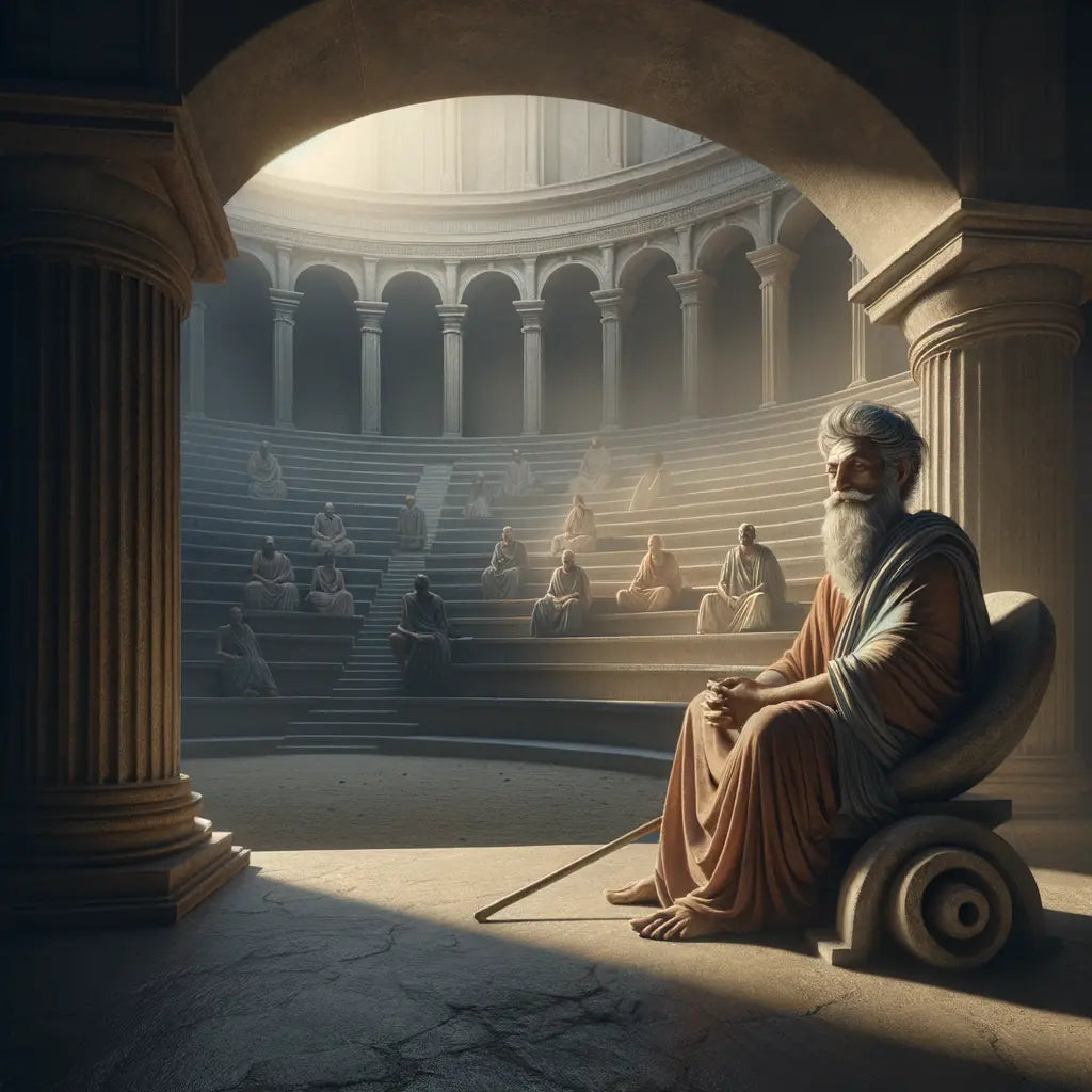 An aged, contemplative Roman philosopher seated in an ancient amphitheater with a cane by his side, symbolizing wisdom and introspection, in the style of 1960s historical films.