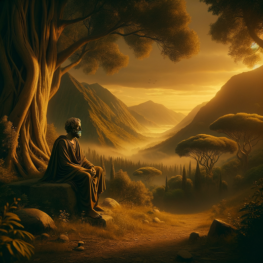 Epictetus, the ancient philosopher, seated peacefully in a natural setting, surrounded by serene landscapes and timeless wisdom, styled like a classic 1960s historical film.