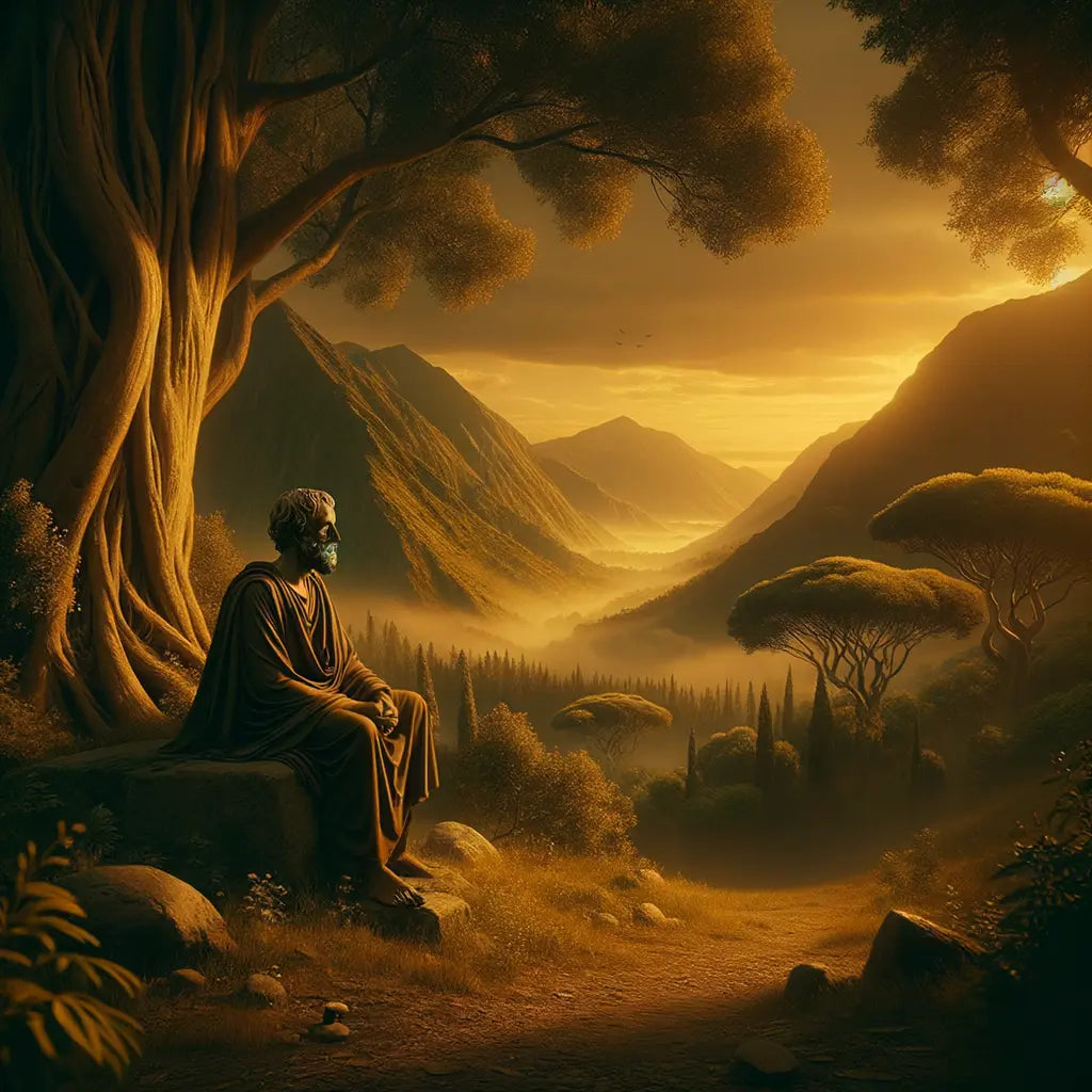 Epictetus, the ancient philosopher, seated peacefully in a natural setting, surrounded by serene landscapes and timeless wisdom, styled like a classic 1960s historical film.