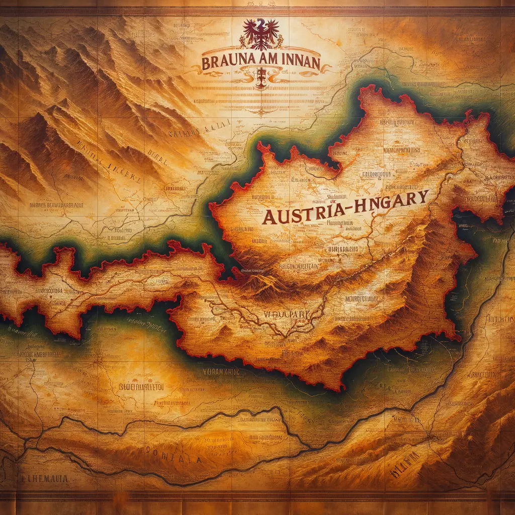 An old map of Austria-Hungary highlighting Braunau am Inn at the Germany border, rendered in a 1960s historical epic style.