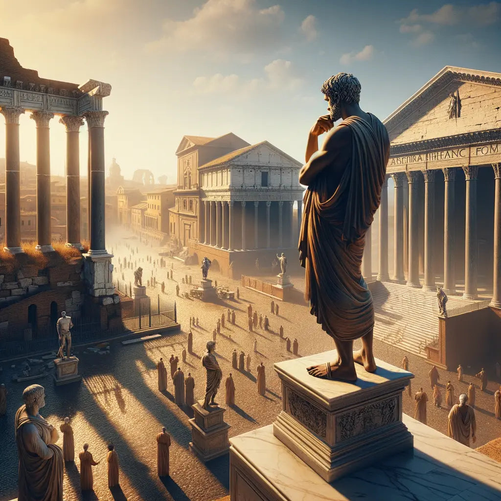 Julius Caesar ponderously reflecting on Stoic and Epicurean philosophies in the Roman Forum, surrounded by ancient architecture and Roman citizens, styled after 1960s historical epic films.