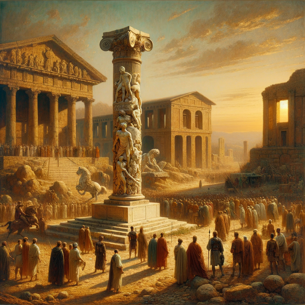 Cinematic scene of the Roman Empire's grandeur and fragility, featuring a crumbling marble pillar and soldiers in diverse uniforms, reminiscent of 1960s historical films.
