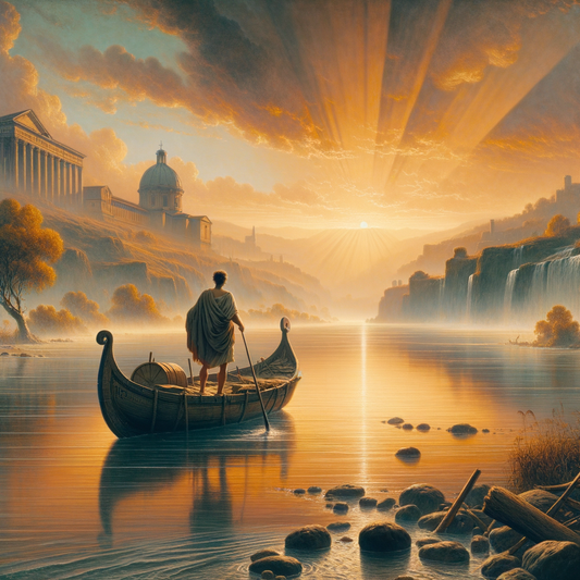 Lone Roman fisherman setting sail on the Tiber River at dawn, embodying Stoic philosophy and serenity, inspired by the style of classic historical films of the 1960s.