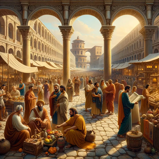 Bustling scene at Trajan's Market with Roman citizens and merchants, framed by grand architecture, inspired by 1960s historical epics.