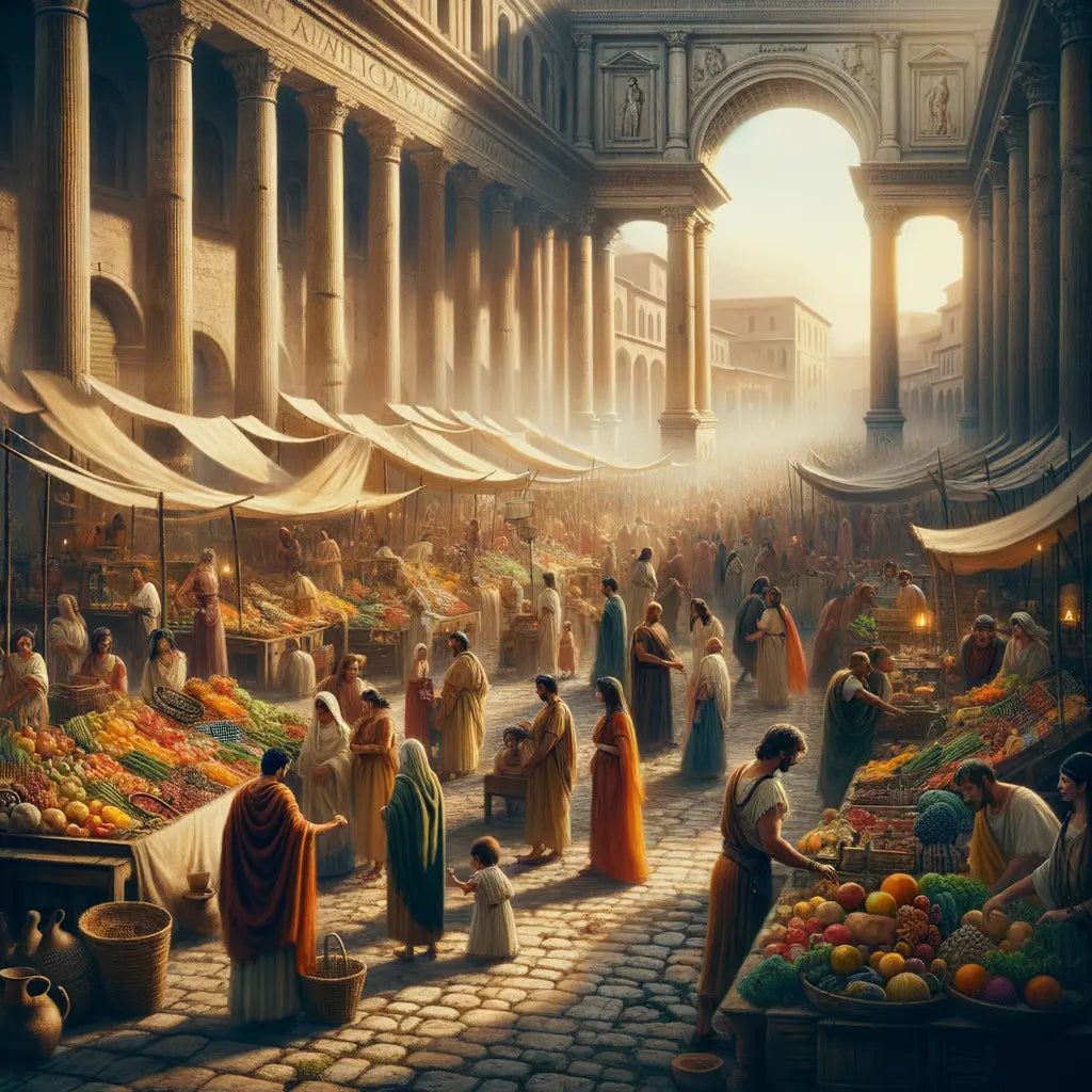 Bustling ancient Roman market with vendors and crowds in a lively scene framed by classical Roman architecture, styled like 1960s historical films.