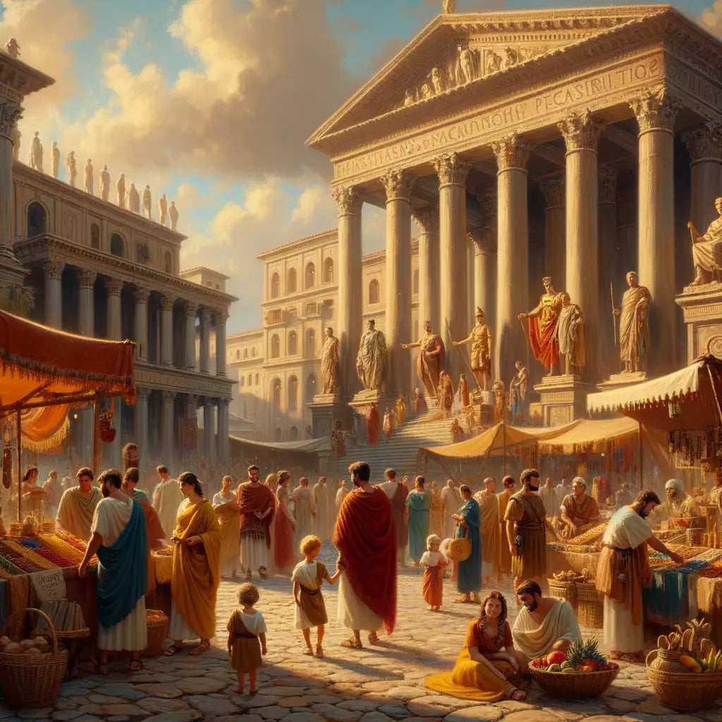 Ancient Roman marketplace scene with merchants, children, and senators amid grand architecture and statues, styled after 1960s historical films.