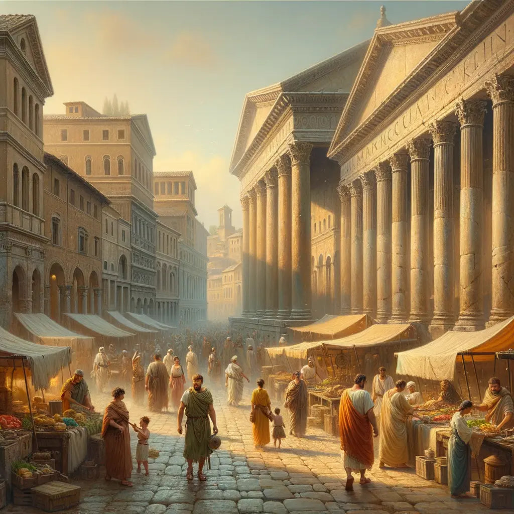 An early morning bustling street in ancient Rome with diverse Roman citizens and grand architecture, resembling a scene from a 1960s historical epic film.