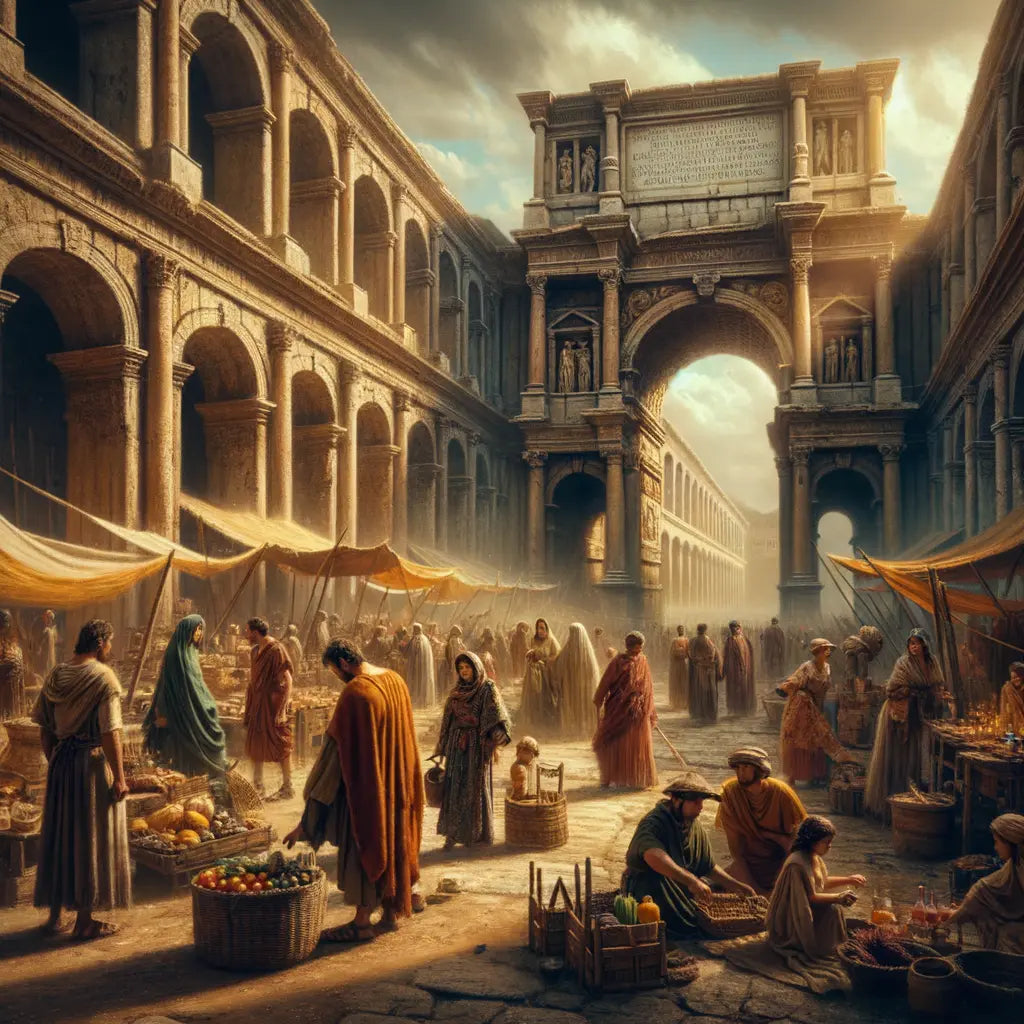 Bustling Roman street with vendors and patricians against grand architecture, in a 1960s historical epic style.
