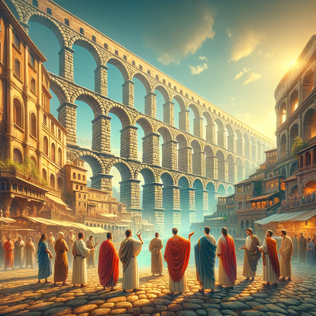 Roman aqueduct Aqua Claudia against a vibrant cityscape, with engineers admiring its multileveled arches, in a style reminiscent of classic 1960s historical films.