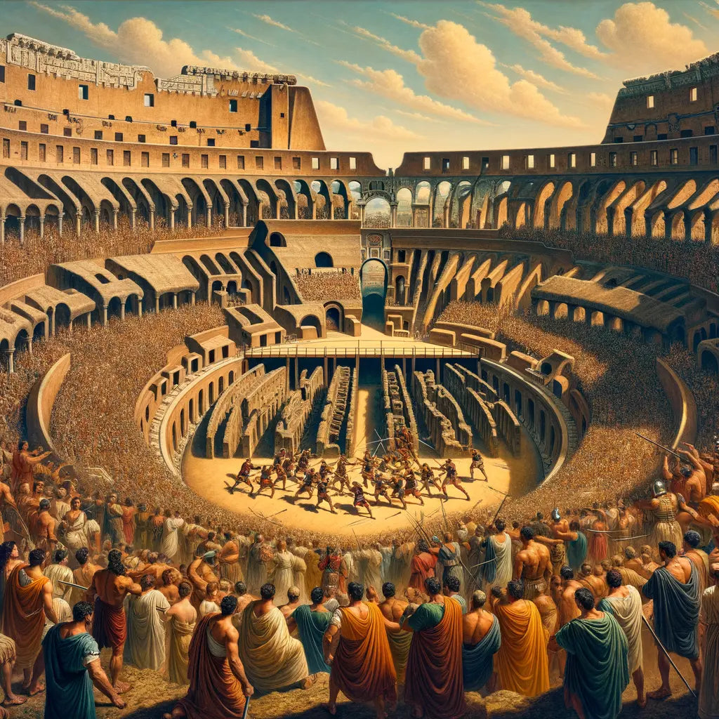 Aerial view of the Colosseum during an event, filled with spectators and gladiators in the arena, capturing Roman architectural grandeur in a 1960s epic film style.
