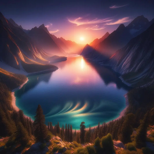 A picturesque sunset over a tranquil lake framed by mountains.