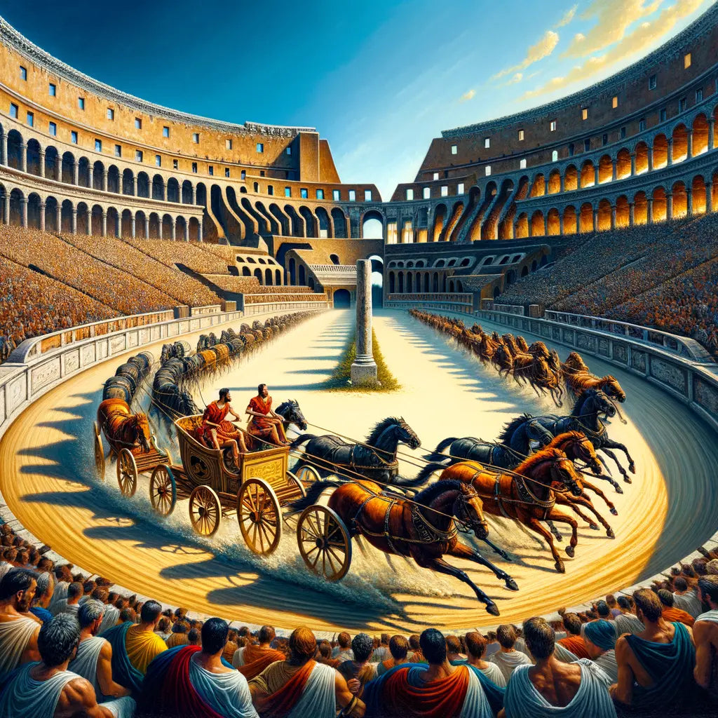 Chariots racing at Circus Maximus surrounded by cheering Roman crowds under a sunny sky, in the style of 1960s historical films.