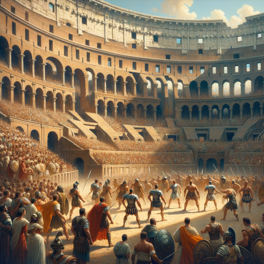 Gladiators preparing to battle in the bustling Roman Colosseum, with crowds and grand architecture, evoking classic historical films of the 1960s.