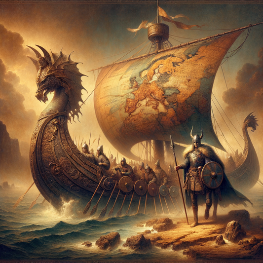 A historical map of Northern Europe with a Viking ship and a knight on horseback, styled like a 1960s historical film.