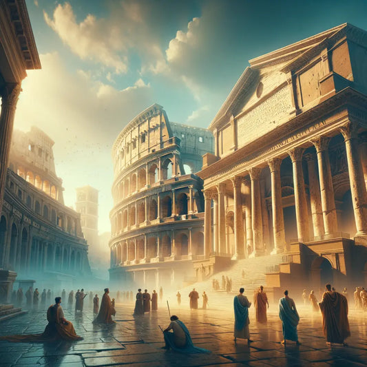Panoramic view of the Colosseum and Pantheon in ancient Rome, under a bright sky, in the style of 1960s historical epic films.