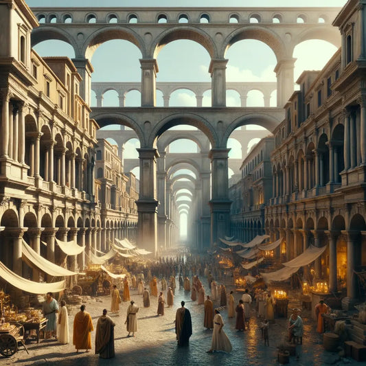 A grand depiction of Roman architecture with arches and aqueducts on a bustling ancient Roman street, inspired by 1960s historical epic films.