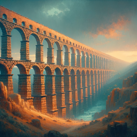 An ancient Roman aqueduct stretching across a rugged landscape at twilight, its arches demonstrating engineering prowess against nature's challenges, in the style of 1960s historical epic films.