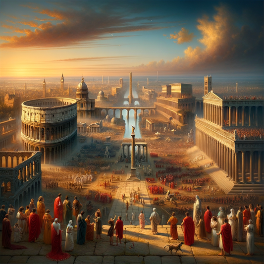Panoramic painting of Roman and British empires, showcasing architectural wonders like Roman Forum and Tower Bridge, in a 1960s epic style.
